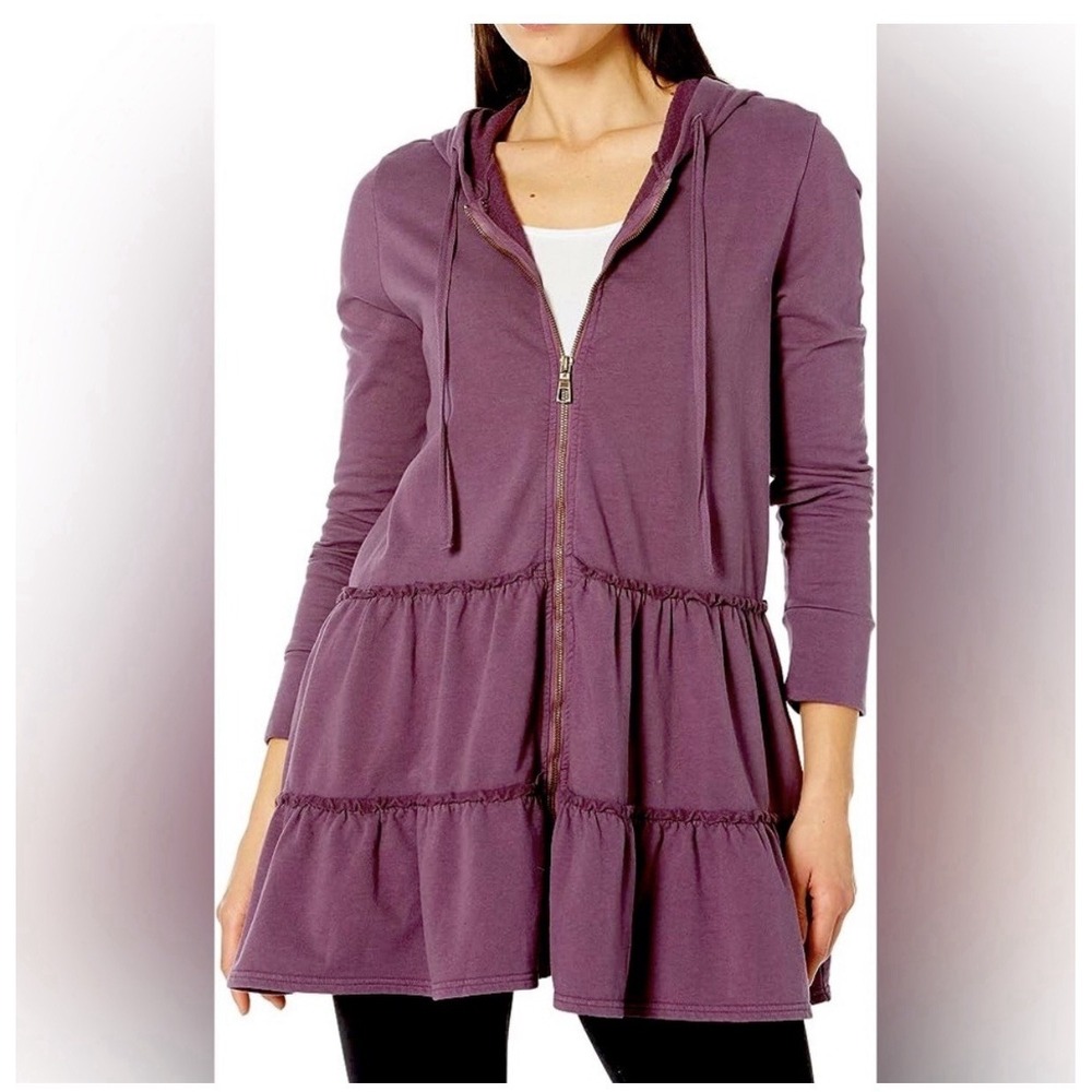 XCVI Wearables Brionna Longline Ruffle Sweatshirt Hoodie Sz XL Full Zip Purple